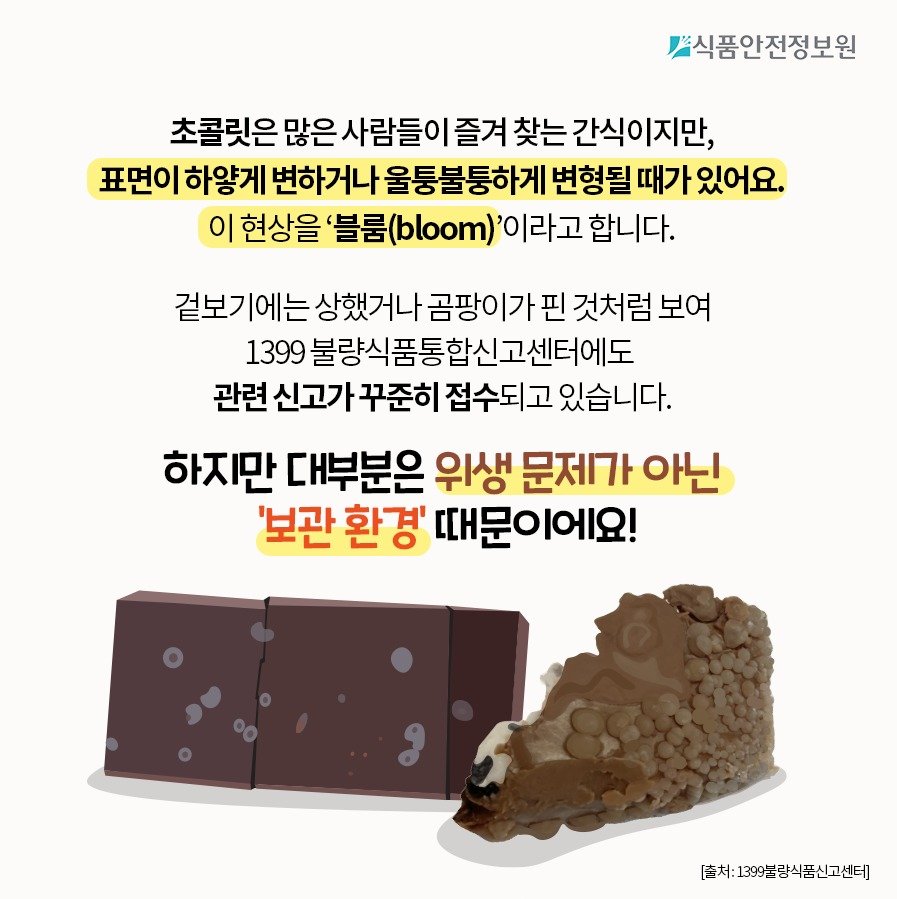 식품안전정보원은 초콜릿 표면에 나타나는 하얀 막의 원인과 안전성에 대해 소비자가 올바르게 이해할 수 있도록 관련 내용의 카드뉴스를 제작·배포한다고 28일 밝혔다.(식품안전정보원 제공)