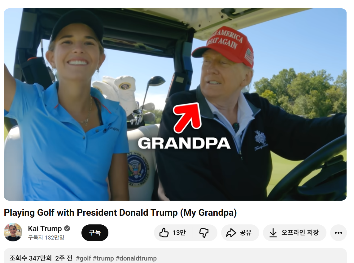 도널드 트럼프 대통령의 손녀 카이 트럼프는 자신의 유튜브 채널에 트럼프를 자주 출연시킨다. 최근 콘텐츠는 둘의 공통 관심사인 골프에 집중돼 있다. 최근 트럼프 대통령과 동반 라운딩을 한 영상은 조회수가 구독자 수의 2배를 훨씬 웃도는 347만회까지 나왔다. 카이 트럼프 유튜브 채널 캡처