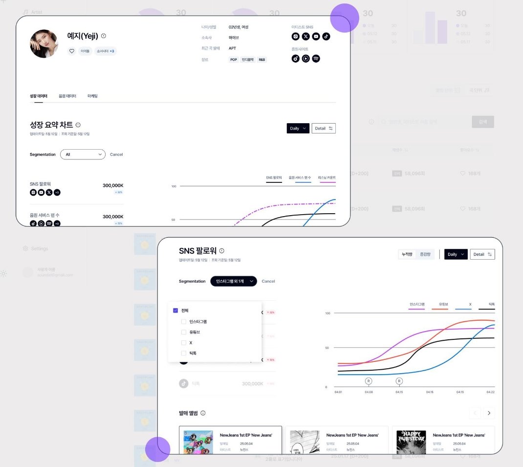 플레이카운트가 아티스트 음원 재생 수와 팔로워 수를 기반으로 성장 요약 차트를 제시하는 모습 / 출처=사운드엣