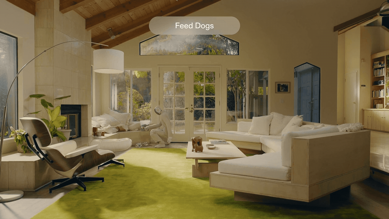 ‘네오(NEO)’가 집안에서 강아지 밥을 주고, 소파를 정리하며 빨래를 개는 등 다양한 집안일을 수행하고 있다. 사진=1X