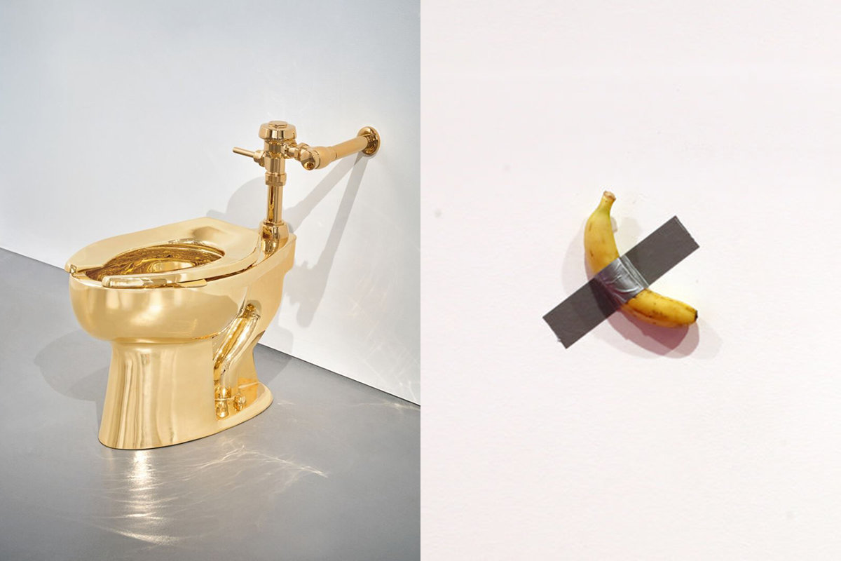 101.2㎏의 황금이 들어간 ‘아메리카’의 모습(왼쪽), 마우리치오 카텔란의 작품 ‘코미디언’.