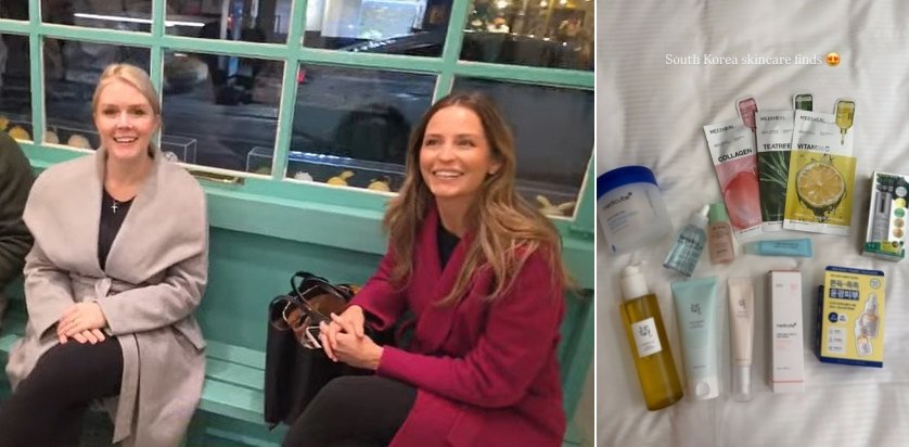 캐롤라인 레빗 백악관 대변인과 마고 마틴 커뮤니케이션 담당 특별보좌관이 29일 경주 황리단길 한 젤라또 가게에서 주문을 기다리는 모습(왼쪽)·레빗 대변인이 올리브영에서 한국 화장품을 구매한 뒤 인스타그램 스토리에 올린 모습. 유튜브 채널 ‘일롱머스크’ 영상·인스타그램 캡처