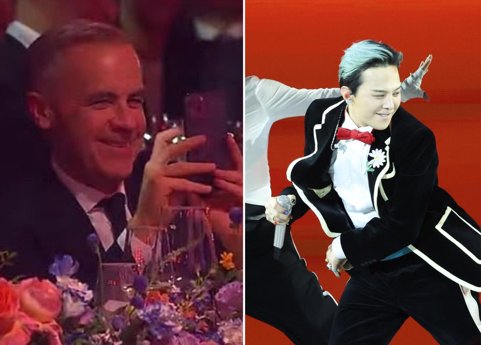 마크 카니 캐나다 총리(왼쪽)가 APEC 정상회의 환영 만찬에서 지드래곤의 공연을 휴대전화로 촬영하고 있다. 라이브 중계 캡처