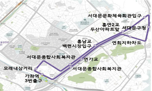 서대문구 자율주행버스(위)와 노선도. 서대문구 제공