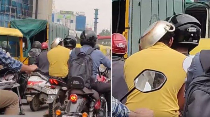 냄비 쓰고 오토바이를 탄 인도 남성(Karnataka Portfolio의 X영상 갈무리)