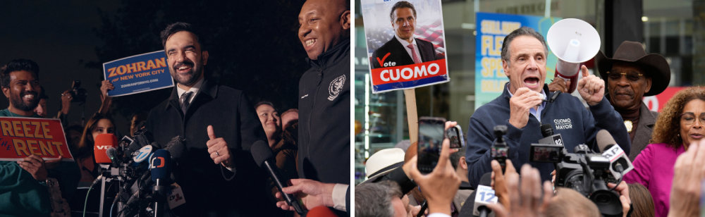 뉴욕시장 선거 2파전 조란 맘다니 미국 민주당 뉴욕시장 후보(왼쪽 사진 가운데)가 3일 기자회견에서 웃고 있다. 인도계 무슬림으로 현재 지지율 1위인 그가 당선되면 최초의 무슬림 뉴욕시장이 된다. 같은 날 무소속 앤드루 쿠오모 후보가 길거리 유세를 벌이고 있다. 이날 도널드 트럼프 대통령은 ‘공산주의자’ 맘다니 후보의 당선을 저지하기 위해 집권 공화당 후보보다 당선 가능성이 높은 쿠오모 후보를 지지한다고 밝혔다. 뉴욕=AP 뉴시스