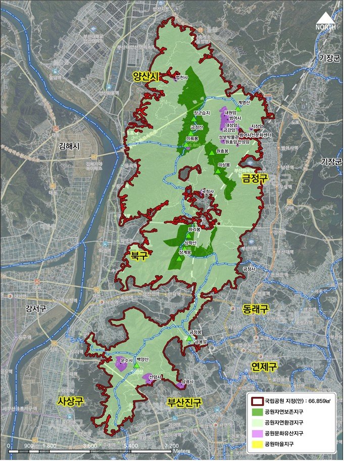 국립공원으로 지정된 부산 금정산 구획도의 모습. 빨간색 테두리로 표시된  곳이 국립공원으로 지정된 곳이다. 부산시 제공