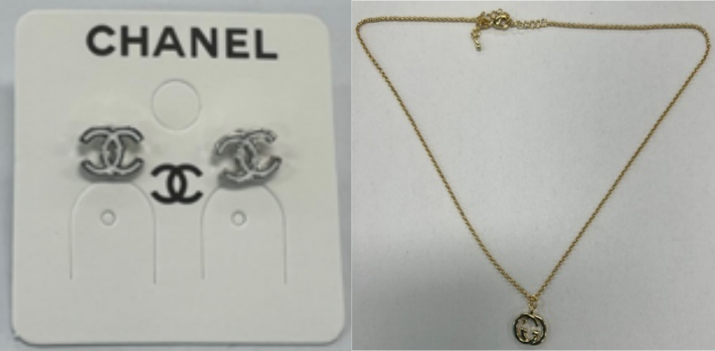 납 2.36%가 검출된 샤넬 짝퉁 귀걸이(왼쪽)·납 22.59%와 카드뮴 0.64%가 검출된 구찌 짝퉁 목걸이. 관세청 제공