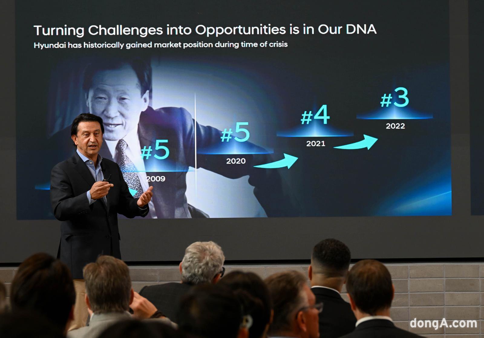 호세 무뇨스 현대차 사장이 타운홀 미팅 2025 리더스 토크에서 임직원들에게 메시지를 전하고 있다.