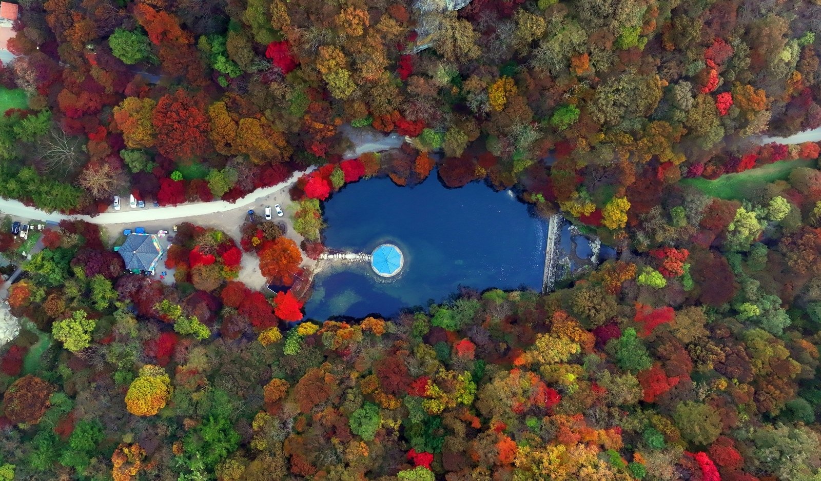하늘에서 바라본 전북 정읍 내장산. 가을 단풍으로 붉게 물들고 있다. 정읍시 제공