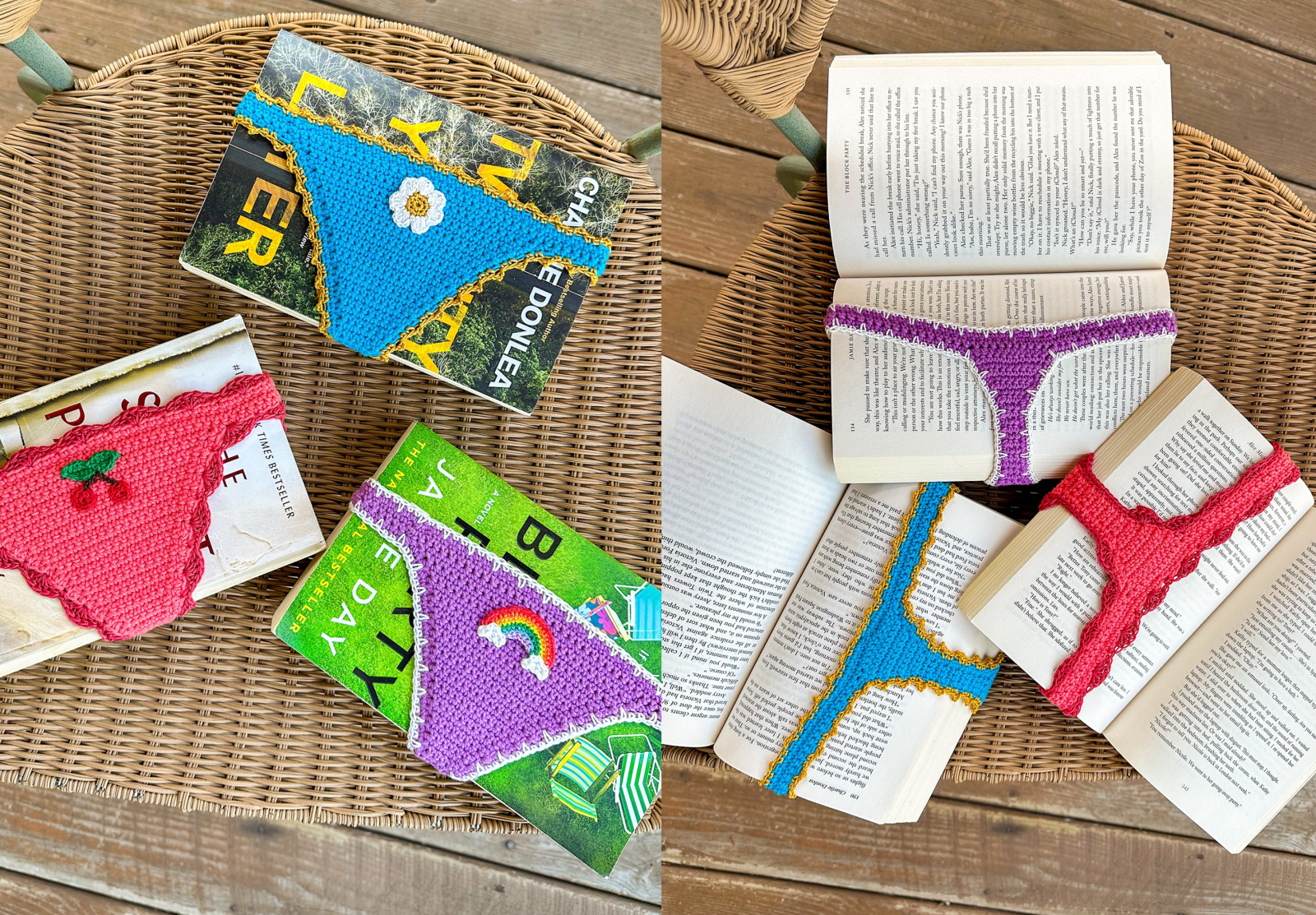 ‘책팬티’ 셰일라의 모습(왼쪽)과 사용 방법(오른쪽). 속옷 모양의 뒷면을 책장 사이에 끼워 읽은 페이지를 표시할 수 있다. (출처=인스타그램 @lckcrochet)