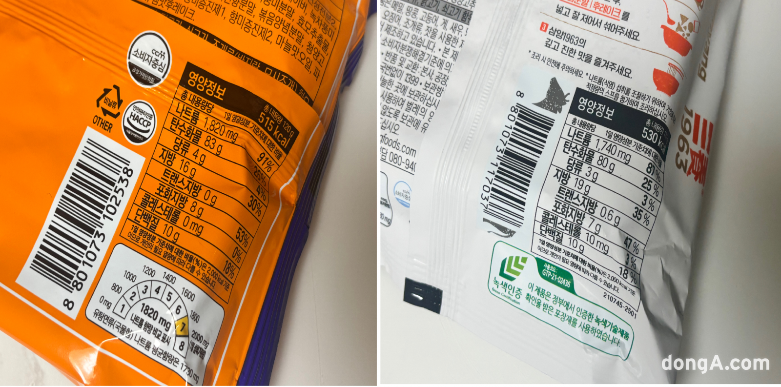 기존 삼양라면(사진 왼쪽)과 새로 출시된 삼양1963. 황소영 기자 fangso@donga.com