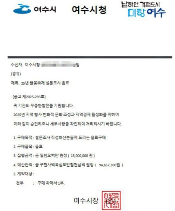 전남 여수시청 공무원을 사칭하며 업체에 발송된 허위 공문. 여수시 제공
