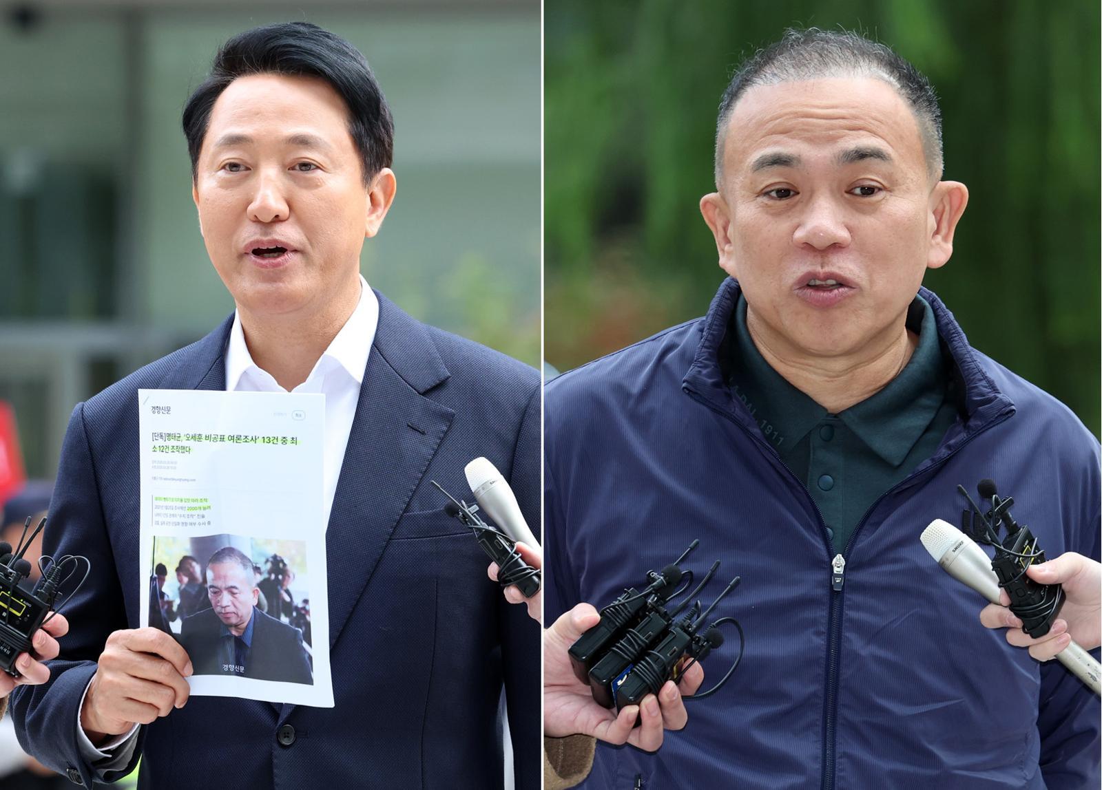 오세훈(왼쪽사진) 서울시장과 명태균 씨가 8일 오전 서울 종로구 KT광화문 웨스트빌딩에 마련된 김건희 여사 관련 의혹을 수사하는 민중기 특별검사 사무실에서 진행되는 소환조사에 각각 출석하고 있다. 2025.11.08 뉴시스