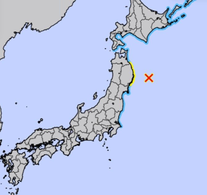 9일 오후 5시 3분쯤 일본 동북부 이와테현 근해에서 진도 6.7의 지진이 발생해 이와태현과 미야기현 쓰나미 주의보가 발령됐다. 지도에서 노란색으로 표시된 지역이 쓰나미 주의보 발령 지역. 일본 기상청 갈무리