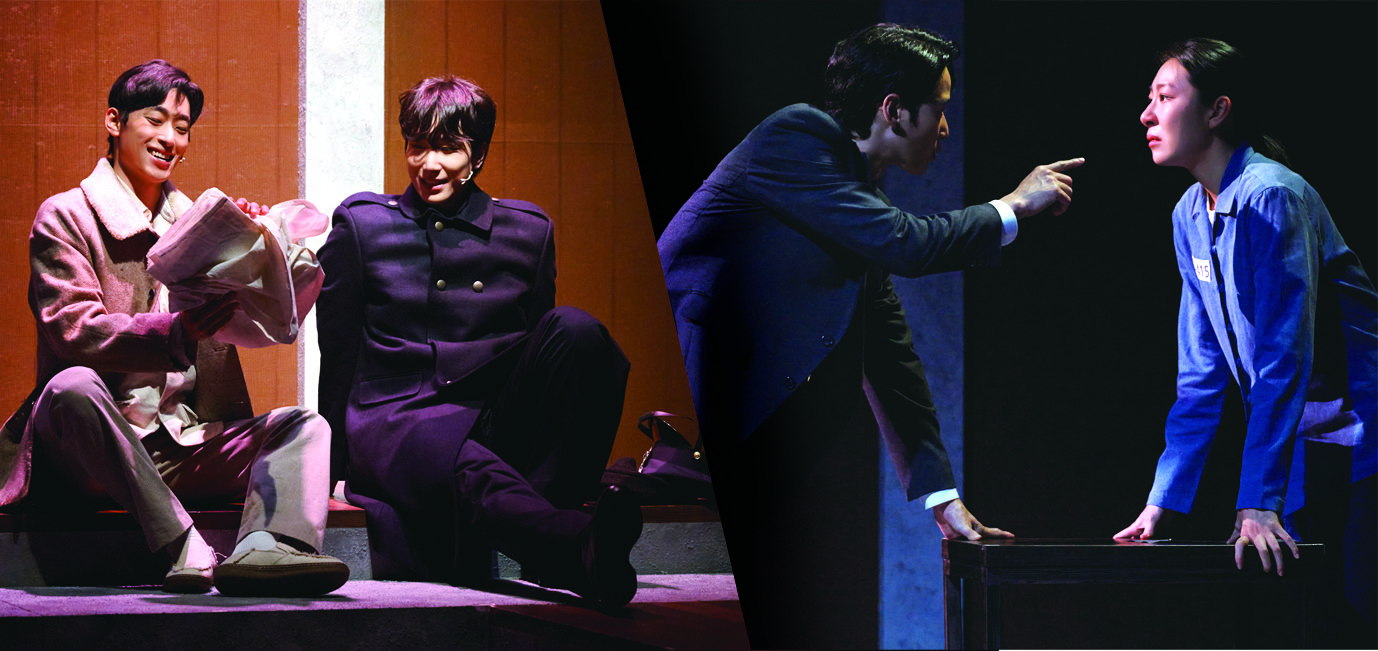뮤지컬 ‘이름 없는 약속들로부터’에서 희택(나재엽·왼쪽)과 윤섭(이선우)이 대화하고 있다.(왼쪽 사진) 경찰인 윤섭(임강성·왼쪽)은 인경(장보람)을 압박한다. 오차드뮤지컬컴퍼니 제공