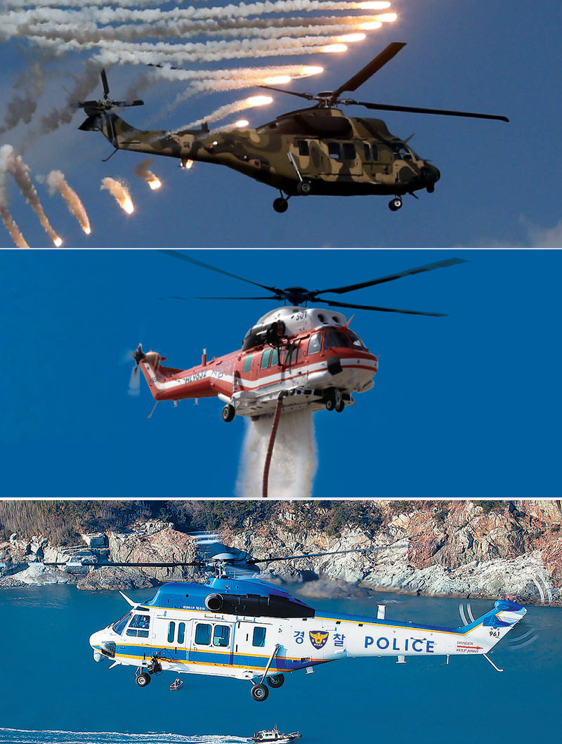 2012년 군용으로 개발된 수리온(첫번째 사진)이 산림청 산불진화용(가운데), 경찰청 치안용(마지막 사진) 등 파생형으로 민수 시장에 널리 공급되고 있다. 올해까지 한국항공우주산업(KAI)은 수리온에 기반한 관용 헬기 39대 납품 계약을 맺었다.
