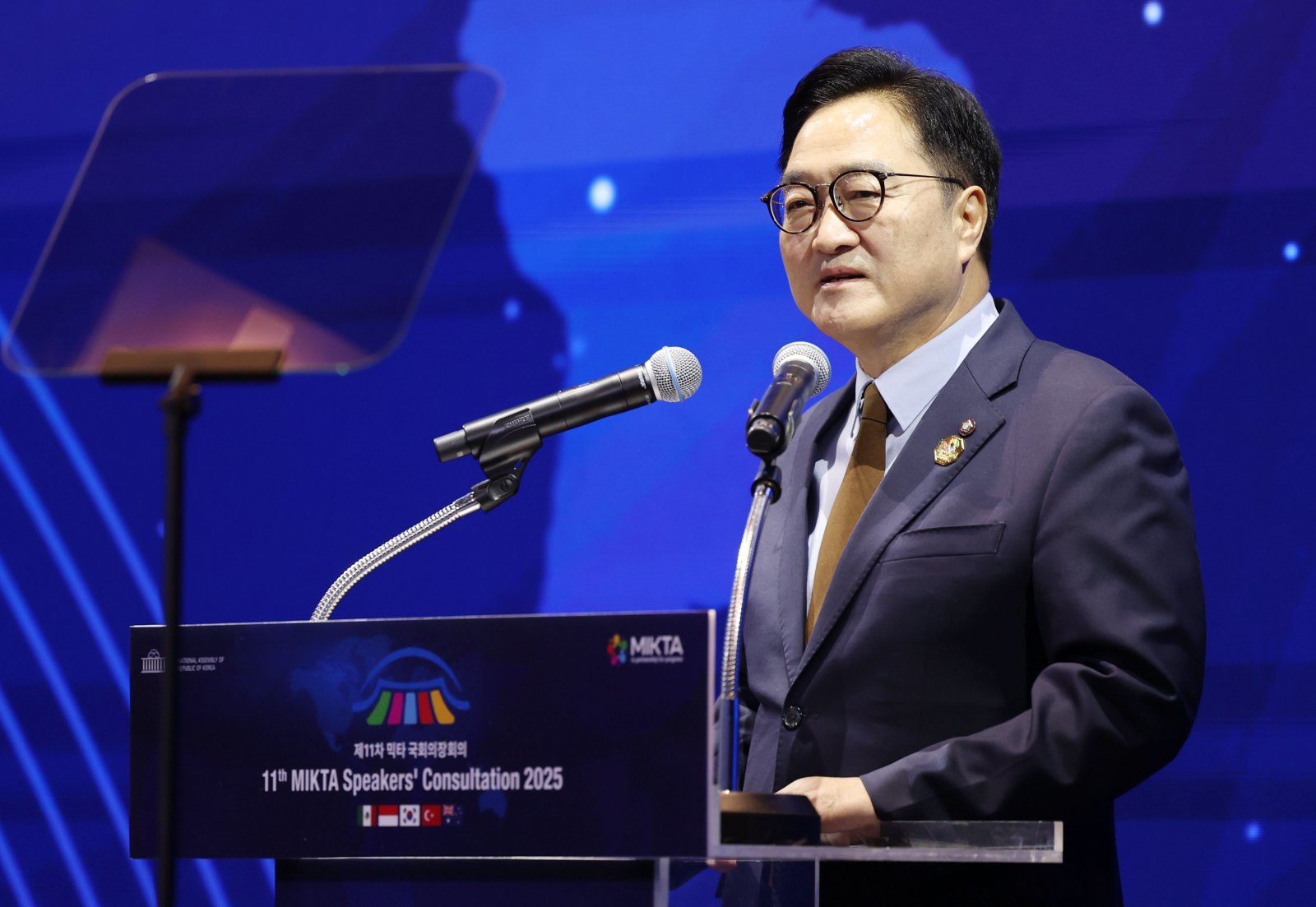 우원식 국회의장이 12일 오전 서울 광진구 그랜드워커힐호텔에서 열린 제11차 믹타 국회의장회의 개회식에서 개회사를 하고 있다. 2025.11.12/뉴스1