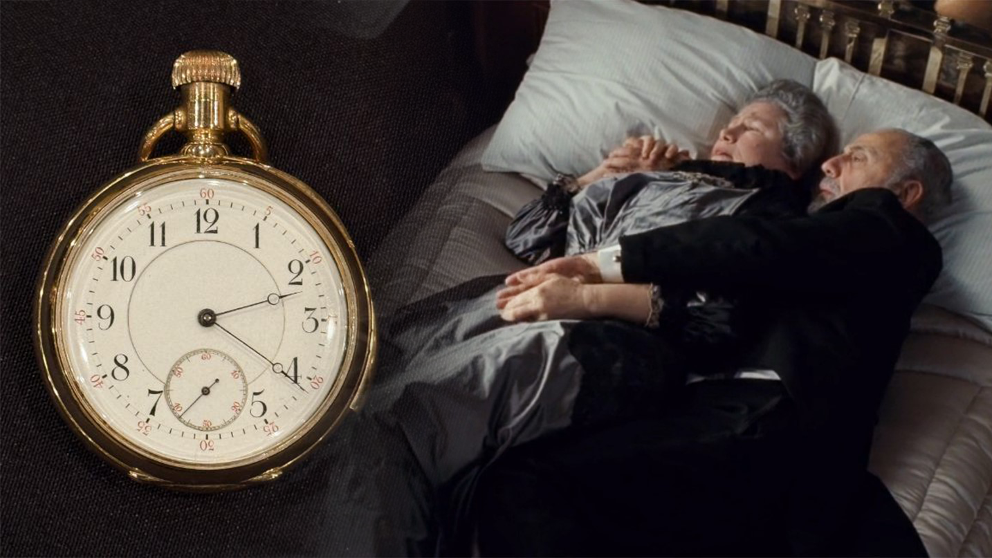 타이타닉 침몰 순간 멈춘 스트라우스 부부의 18캐럿 황금 회중시계가 경매에 오른다. 약 20억 원에 낙찰될 전망이다. 출처=헨리올드리지앤드선, 영화 ‘타이타닉’ 갈무리