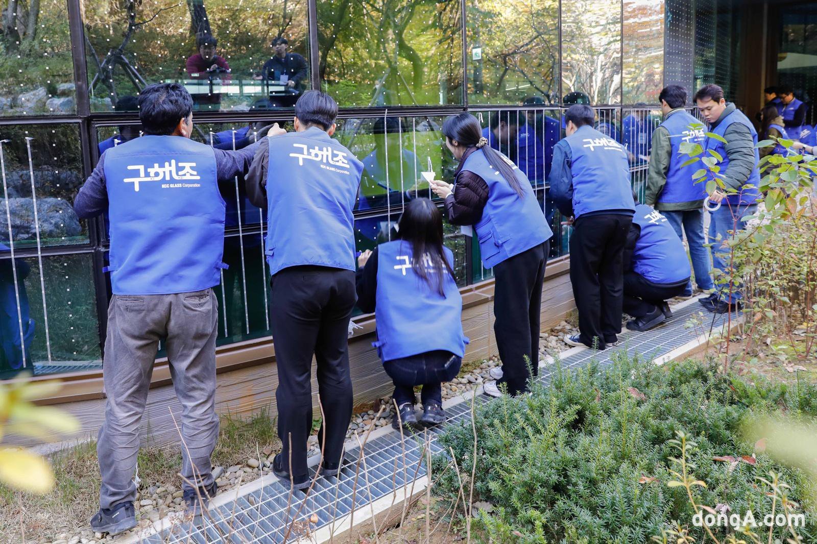 지난 11일 ‘구해조(鳥) kcc글라스’ 캠페인 참여자들이 강동숲속도서관에서 조류충돌방지스티커 부착 활동을 진행하고 있다.