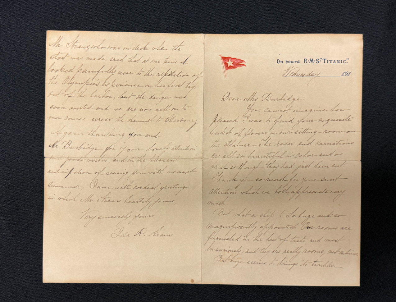 아이다 스트라우스가 작성한 편지. 편지는 응접실에서 만난 버드리지 여사에게 감사를 전하는 내용으로 타이타닉호에 대해서는 “크기가 커 아슬아슬해 보이지만, 문제는 없는 것 같다”고 설명했다. (출처=헨리올드리지앤드선)