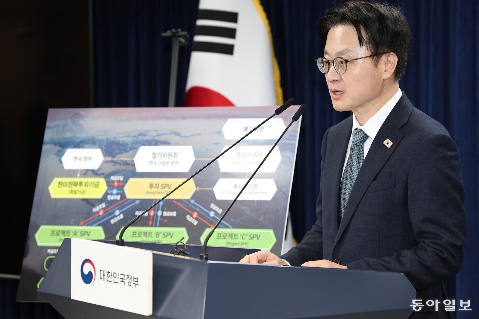 김정관 산업통상자원부 장관이 14일 오후 서울 청사에서 한미 관세협상 내용을 설명하고 있다.   변영욱 기자 cut@donga.com