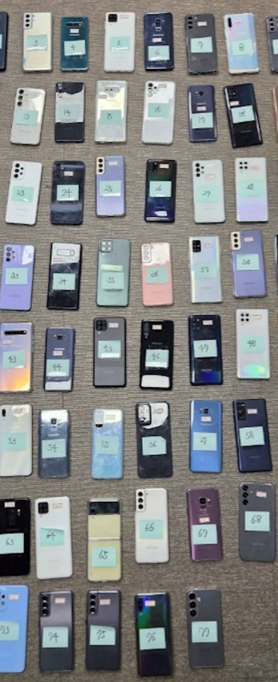 총책 사무실에서 압수한 휴대폰 77대. 경기남부경찰청 제공