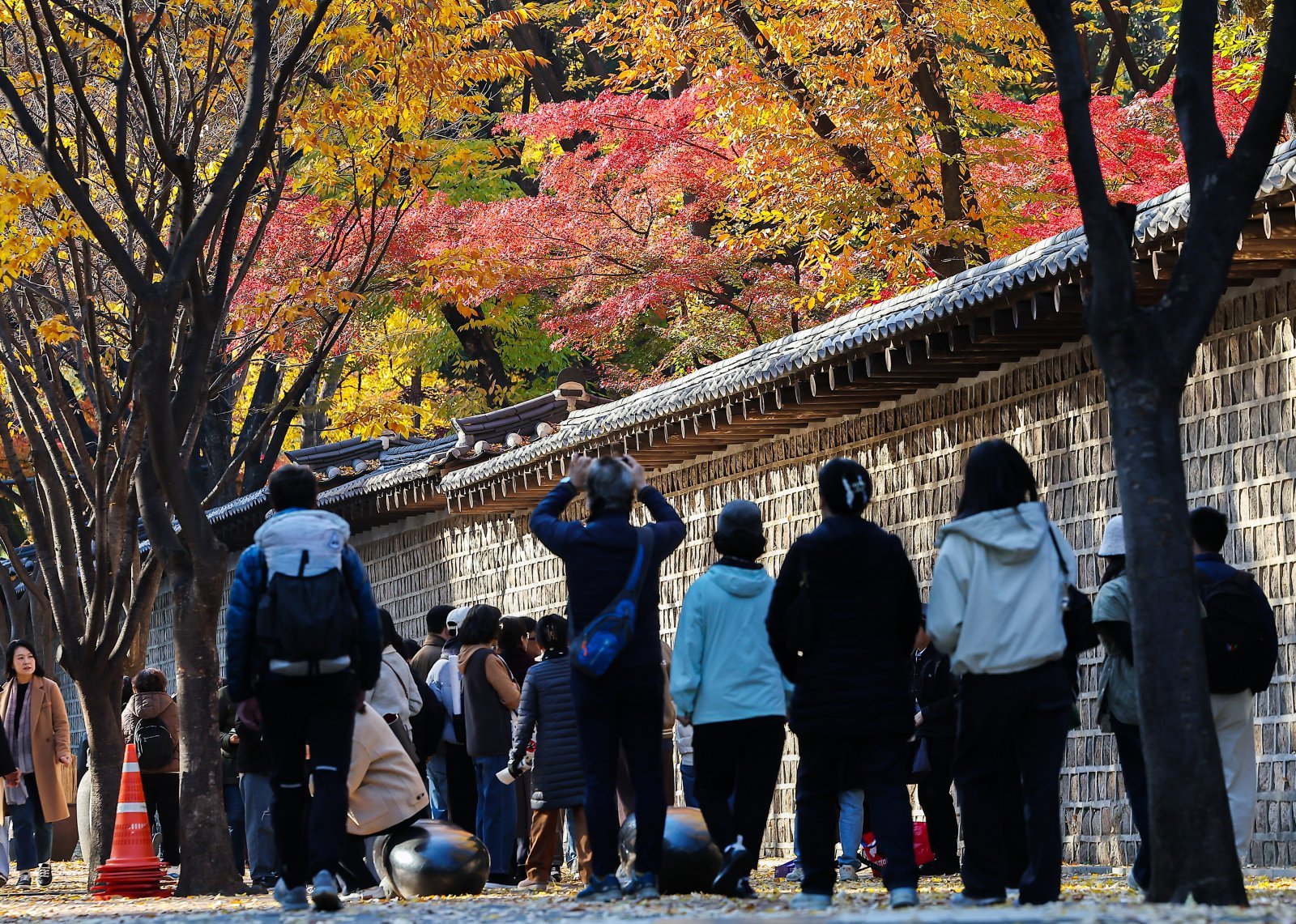온화한 날씨를 보인 14일 오후 서울 중구 덕수궁 돌담길에 단풍이 물든 가운데 시민들이 늦가을 정취를 즐기고 있다. 2025.11.14/뉴스1