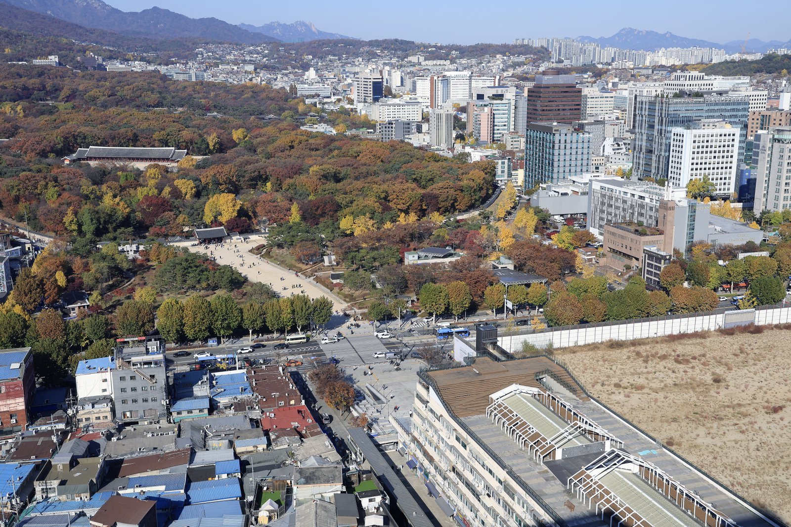 국가유산청이 올해 안으로 유네스코 세계유산 종묘 일대를 ‘세계유산지구’로 지정 고시와 관련 행정 절차를 마치고, 서울시에 세계유산영향평가를 요청할 계획이라고 밝혔다. 다만 서울시는 세운4구역이 종묘로부터 100m 이상 떨어져 있어 영향평가 대상이 될 수 없다는 입장을 고수하며 맞서고 있다. 사진은 이날 오후 서울 종로구 종묘와 세운 4구역 재개발 공사 현장 모습. 2025.11.14/뉴스1