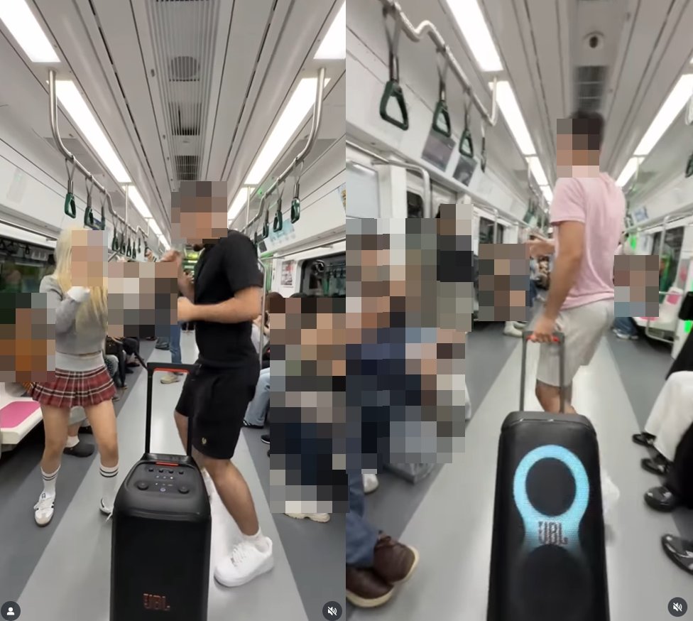 서울 지하철에서 외국인 틱톡 이용자가 대형 스피커로 케이팝 아이돌 노래를 틀고 지하철을 활보하는 모습. 틱톡 @shayanparstv 캡처