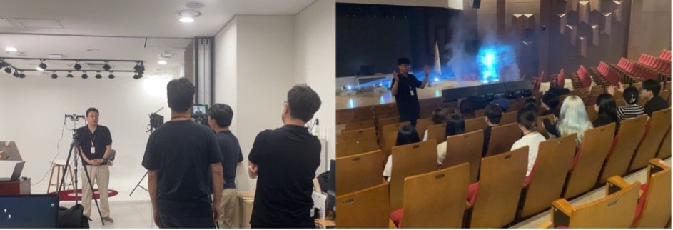 SBS 다큐 촬영 현장에서 인터뷰 준비 중인 서경대 김대연 교수(왼쪽)와 실감형 문화기술 시연에 대해 학생들에게 설명 중인 백호길 교수(오른쪽). 사진제공=서경대학교