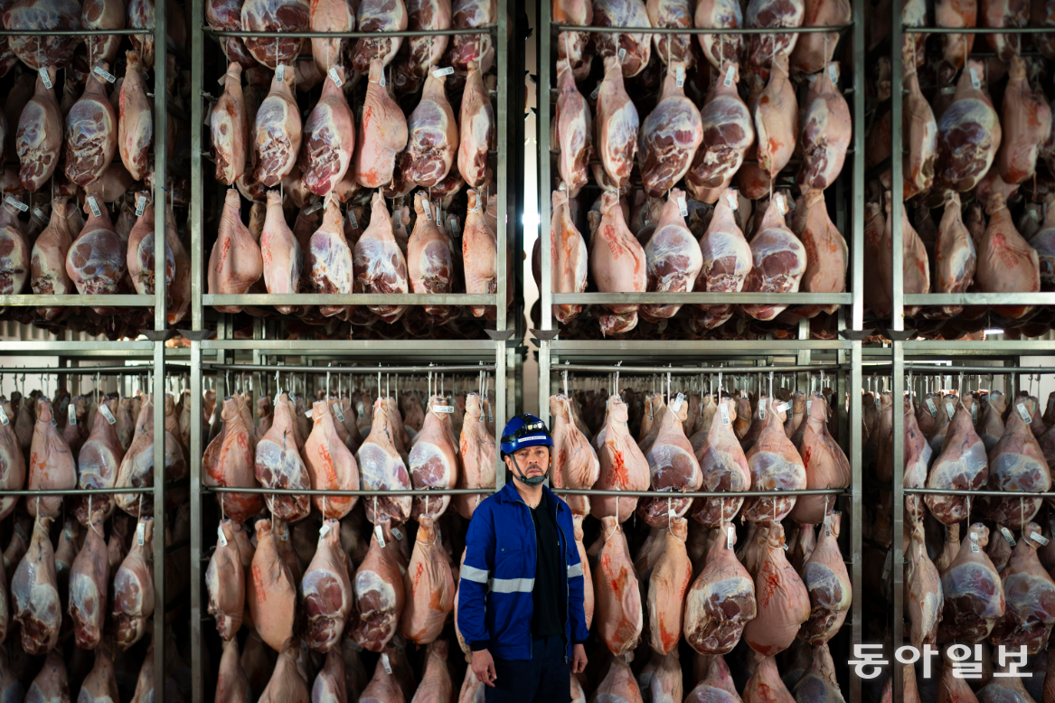 페루 출신 빅토르 라주리(41)가 2025년 2월 20일 스페인 레이다주 기소나에 있는 햄 공장에서 포즈를 취하고 있다. 스페인 북동부의 거대한 생산 공장에서는 62개국 출신 사람들이 일하고 있다. AP 뉴시스