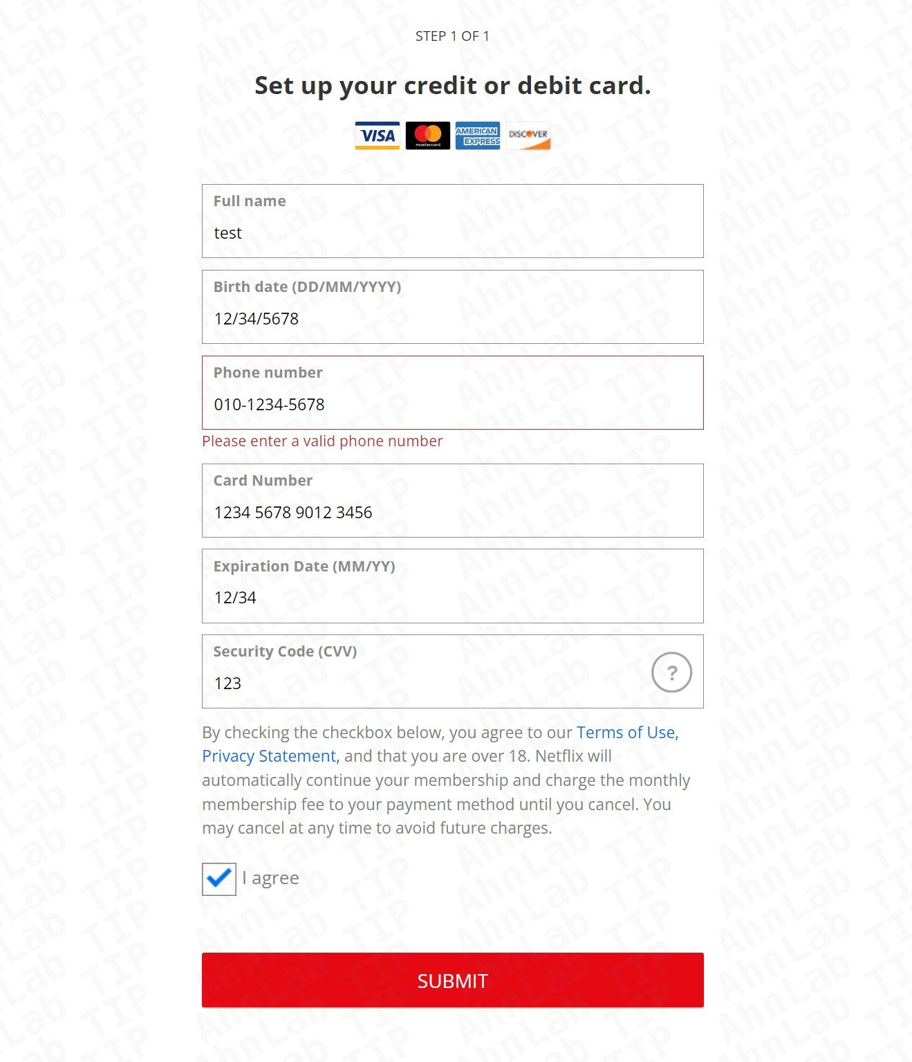 OTT 사칭 메일의 가짜 신용카드 정보 기입 페이지. 안랩 제공