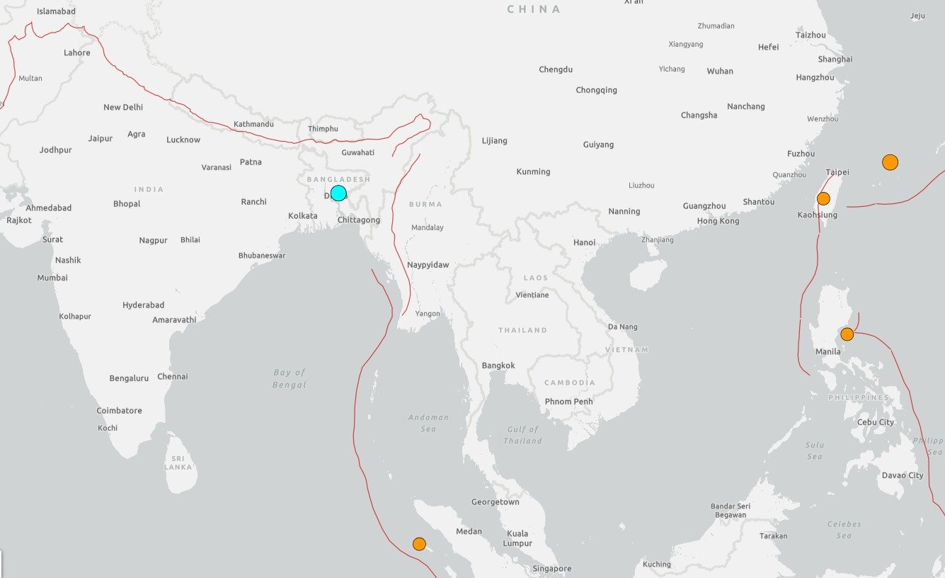 방글라데시 수도인 다카 인근에서 규모 5.5의 지진이 발생했다. USGS