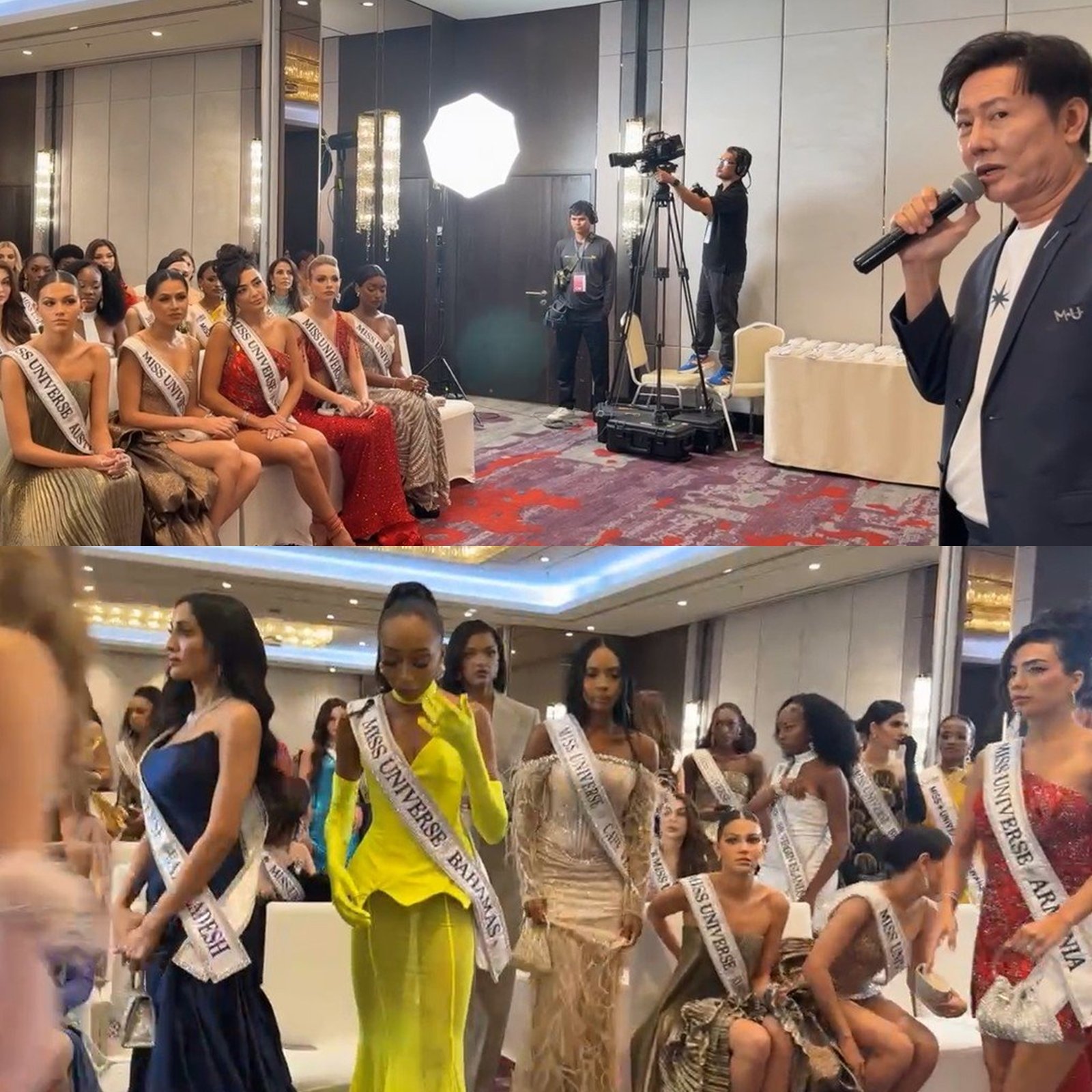 논란이 일었던 미스 유니버스 예심 대회 현장의 영상. 나와트 미스 유티버스 태국 이사가 보쉬를 공개적으로 비난하자 보쉬를 포함한 참가자들이 자리를 떠났다. 미스 유니버스 태국 페이스북 갈무리