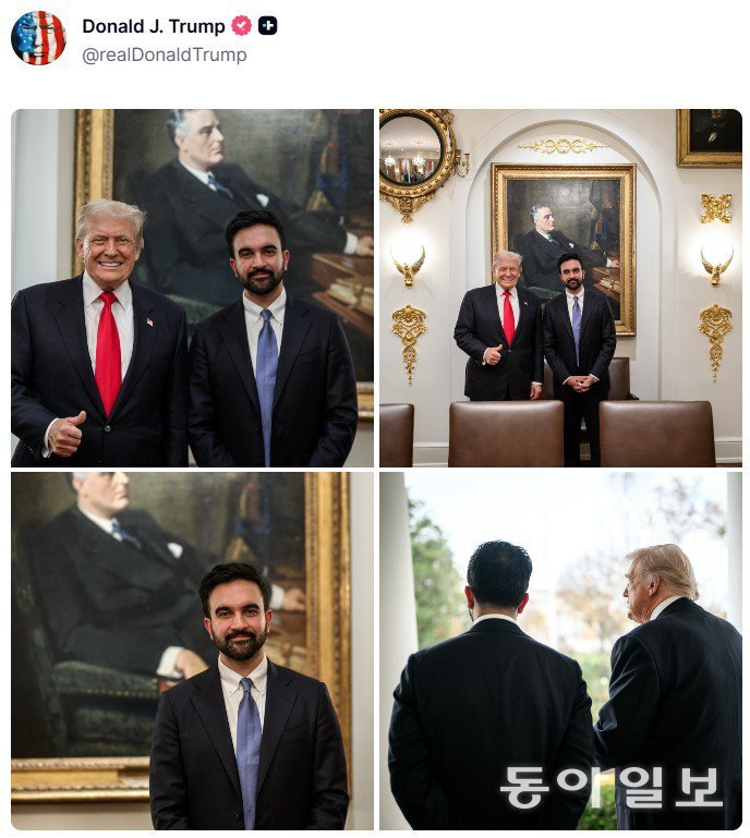 21일 저녁 트루스소셜에 맘다니와 찍은 사진을 올린 트럼프 대통령. 트럼프 대통령 트루스소셜 캡