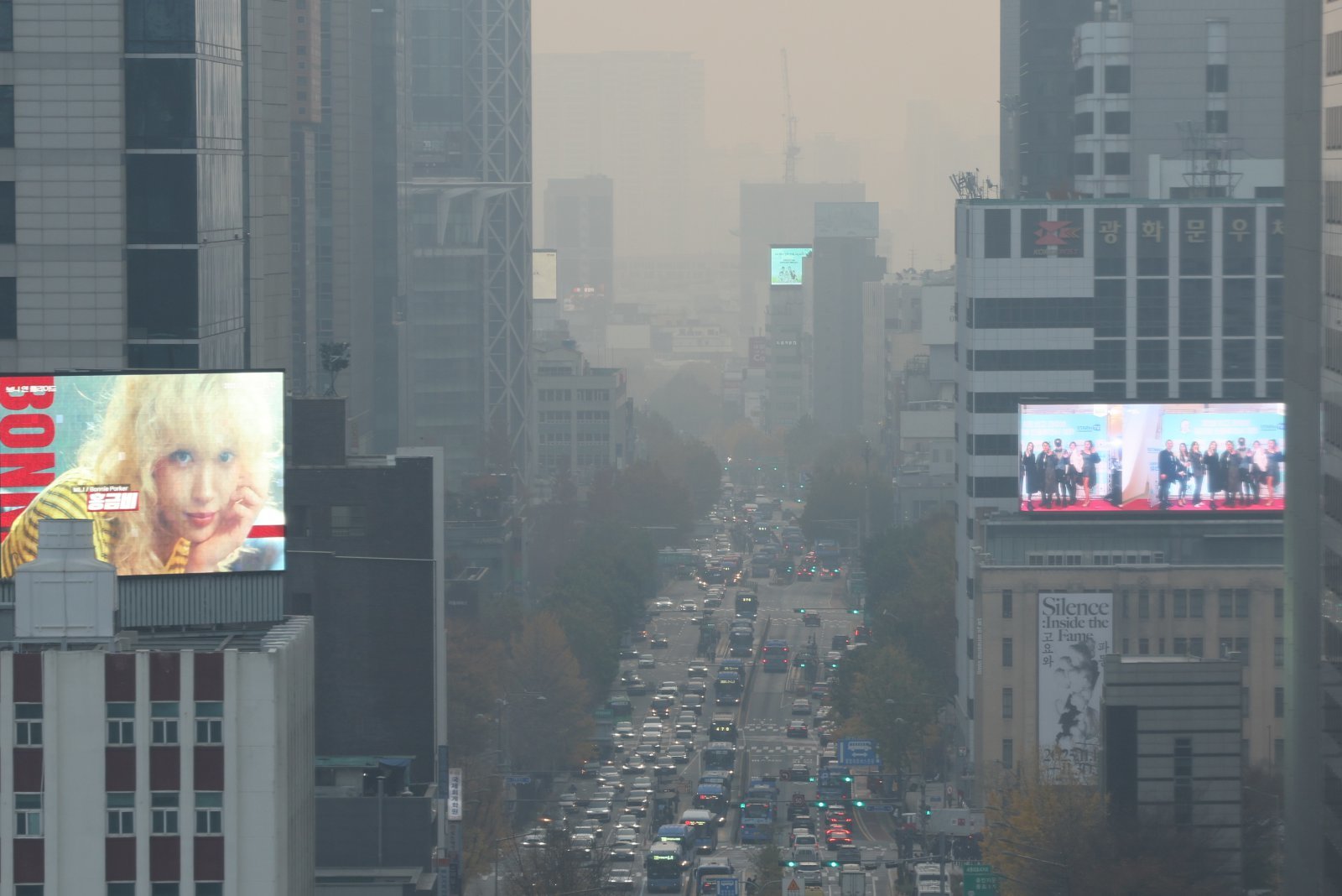 서울 등 수도권 지역의 초미세먼지 농도가 나쁨 수준을 보인 24일 서울 종로구 서울시교육청에서 바라본 도심이 뿌옇게 보이고 있다. 2025.11.24 뉴스1