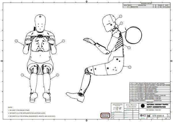 여성형 더미 ‘THOR-05F’의 설계도. 체형의 굴곡 및 쇄골·골반 등 해부학적 차이가 반영됐다. 미국 도로교통안전국