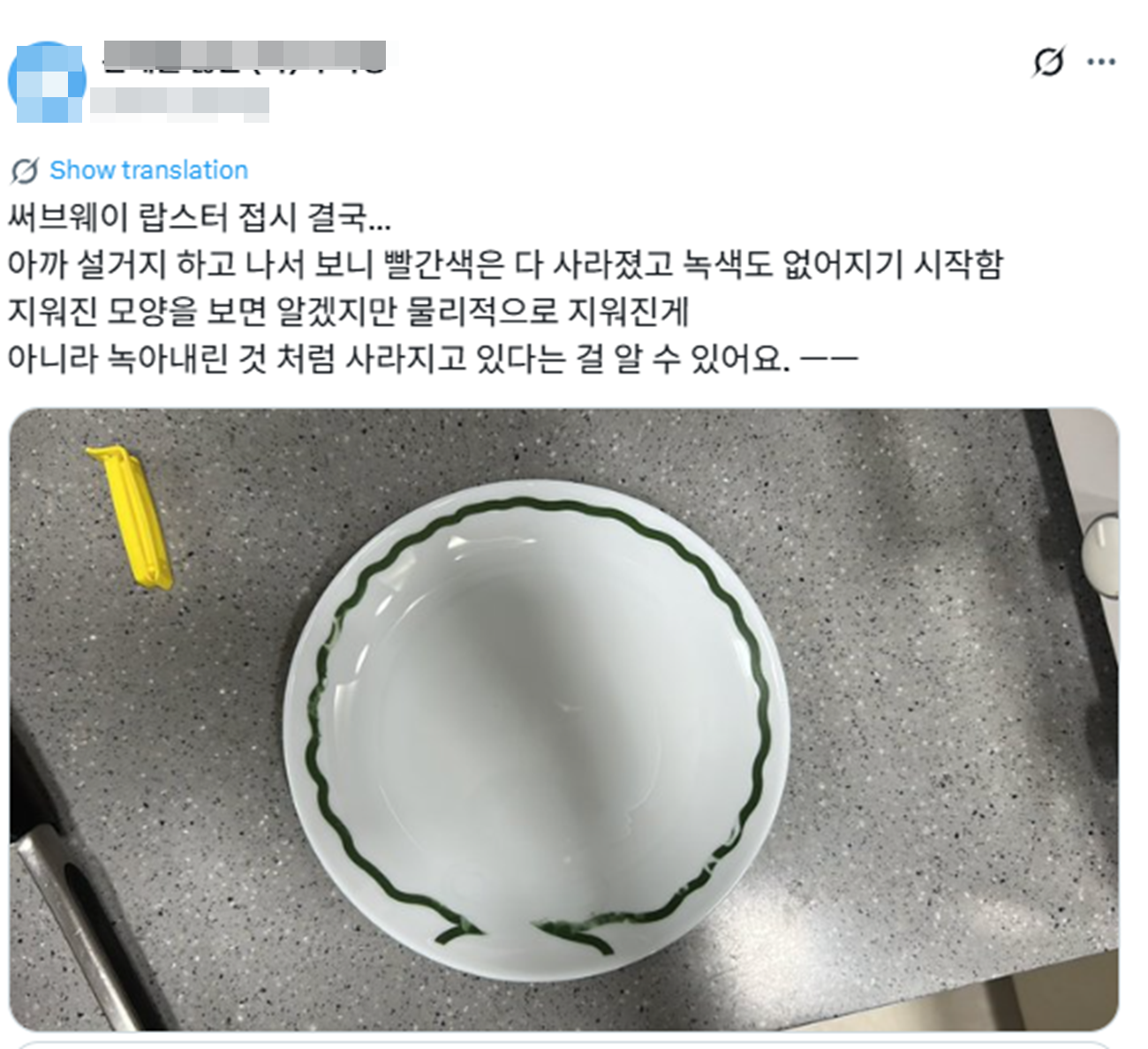 써브웨이가 증정한 ‘랍스터 접시’의 표면 그림이 설거지 후 거의 사라졌다는 SNS 게시글. 원래 랍스터 그림이 있어야 하지만 흰 접시만 남아 논란이 되고 있다. X 갈무리