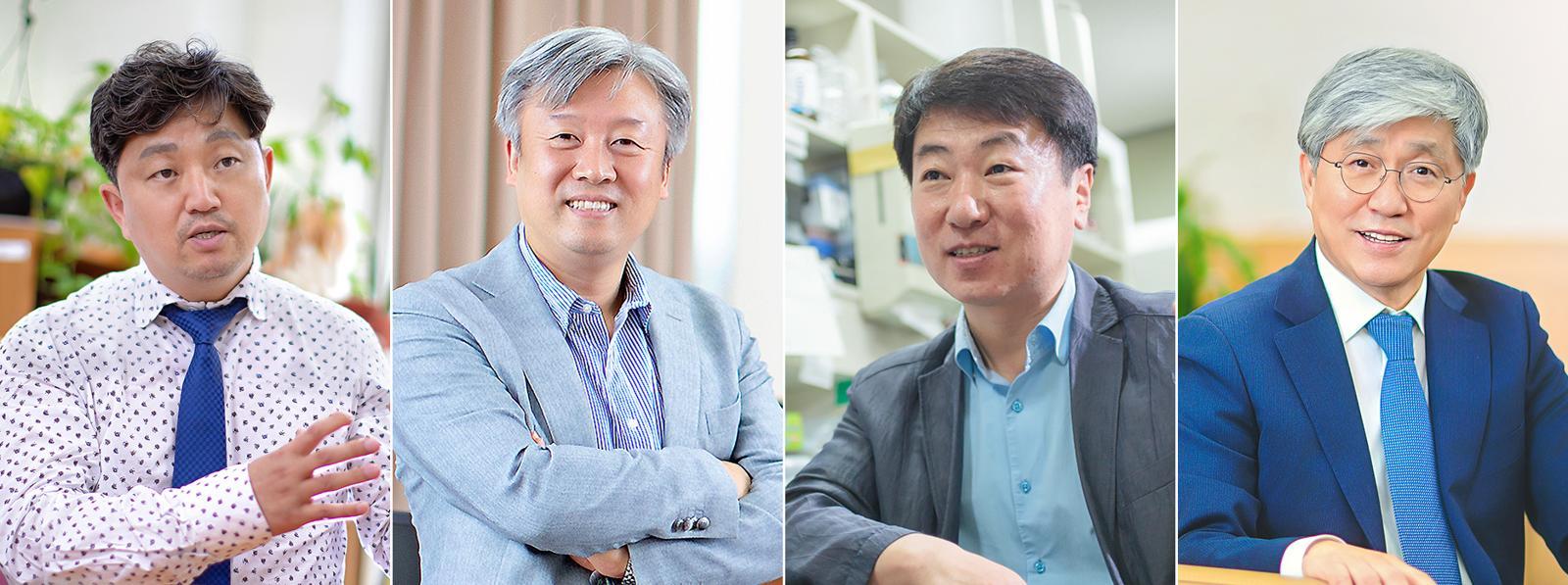 좌측부터 스마트관광원 구철모·정남호 교수, 교차 분야의 생물학과 배진우 교수, 컴퓨터 과학 분야 컴퓨터공학부 홍춘선 고황명예교수. 경희대학교 제공