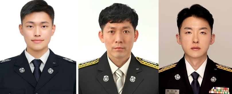 지난 15일 광주 전남대학교 운동장에서 의식을 잃고 쓰러진 40대 시민을 CPR로 구한 비번 소방관들. 사진 왼쪽부터 최준영 광주 북부소방서 소방사, 이준호 나주소방서 소방위, 황민철 광주 남부소방서 소방장. 2025.11.27/뉴스1