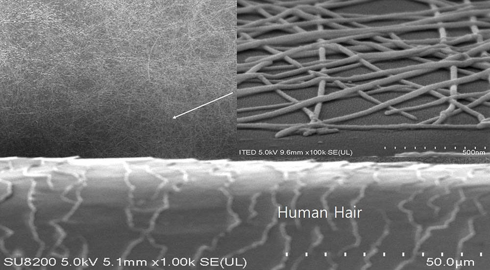 아이테드의 도전성 나노물질. 머리카락 굵기의 1/5000수준이다 / 출처=아이테드