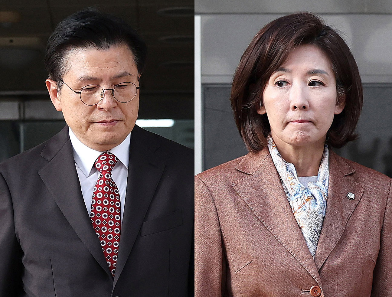 황교안 전 국무총리(왼쪽)과 나경원 국민의힘 의원이 20일 서울 양천구 남부지법에서 열린 ‘자유한국당 패스트트랙(신속처리안건) 충돌 사건’ 1심 선고를 마친 뒤 법원을 나서고 있다. 재판부는 이날 사건 당시 자유한국당 원내대표였던 나경원 의원에게 벌금 총 2천400만원을, 당 대표였던 황교안 전 총리에게 벌금 총 1천900만원을 선고했다. 2025.11.20 뉴스1