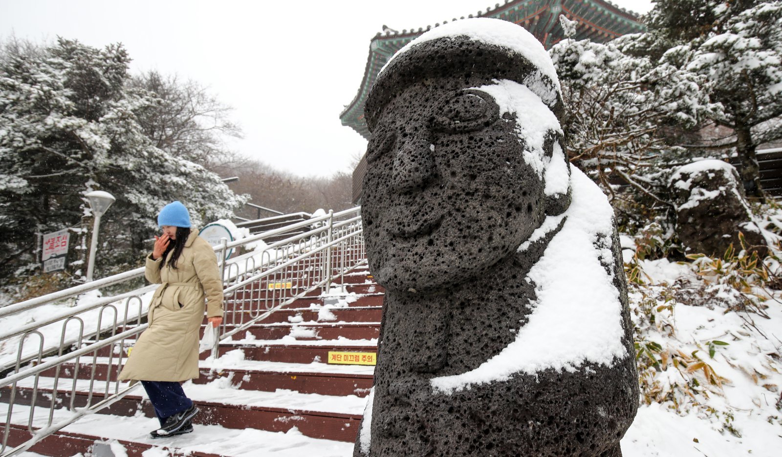 추운 날씨를 보인 19일 오전 제주 한라산 1100고지 휴게소를 찾은 관광객들이 아직 이른 겨울 정취를 만끽하고 있다. 2025.11.19 [제주=뉴시스]