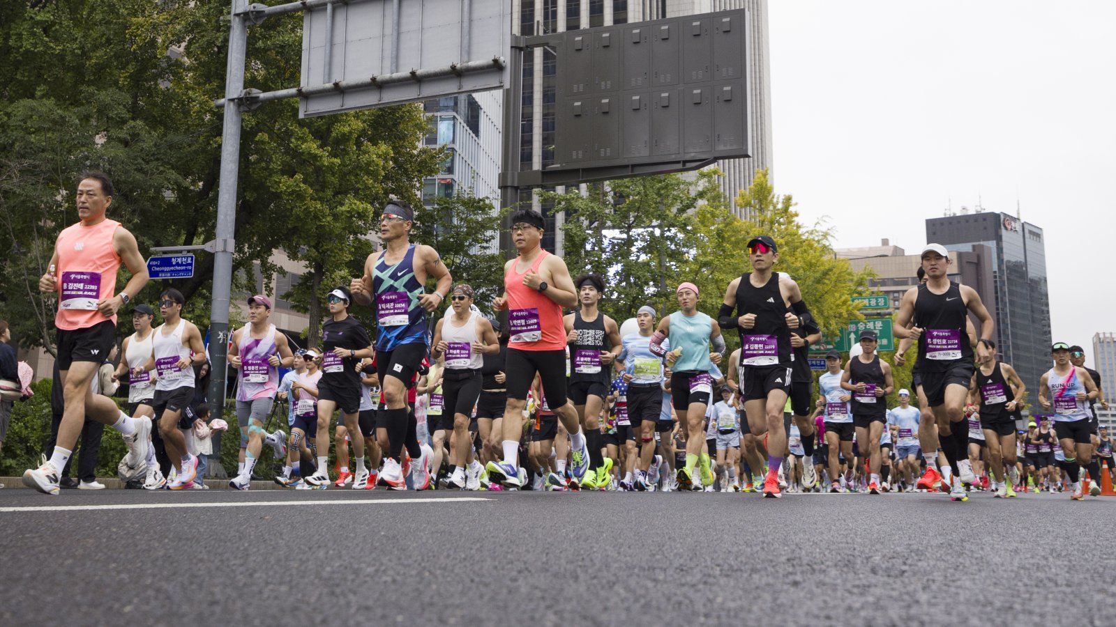 12일 오전 서울 종로구 세종대로에서 열린 ‘2025 서울레이스 마라톤’에서 하프부문 참가자들이 출발선에서 출발하고 있다. 2025.10.12 뉴시스