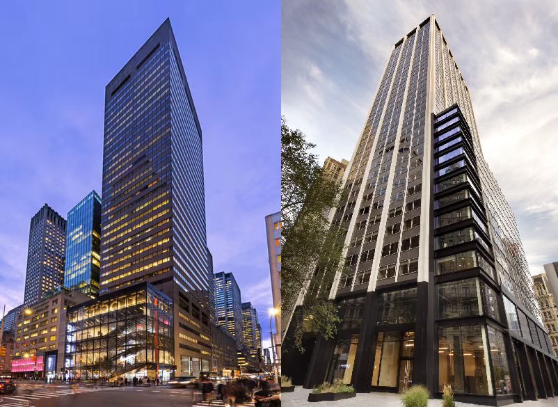 키움증권(왼쪽)과 토스증권(오른쪽)이 각각 임차해 쓰고 있는 뉴욕 맨해튼 오피스 빌딩의 모습. 증권사는 업무 특성상 뉴욕의 가장 중심가 오피스를 구하곤 한다. 쿠시먼앤드웨이크필드 제공