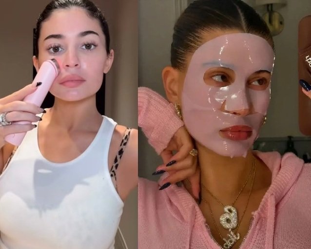 카일리 제너(왼쪽)와 헤일리 비버(오른쪽)가 한국산 스킨케어 제품과 뷰티 디바이스를 사용하는 모습. sns 갈무리