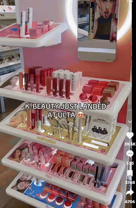 ULTA 매장에 마련된 K-뷰티 전용 진열대. 틱톡 이용자가 “K-뷰티가 울타에 상륙했다”고 소개한 영상. 틱톡 갈무리