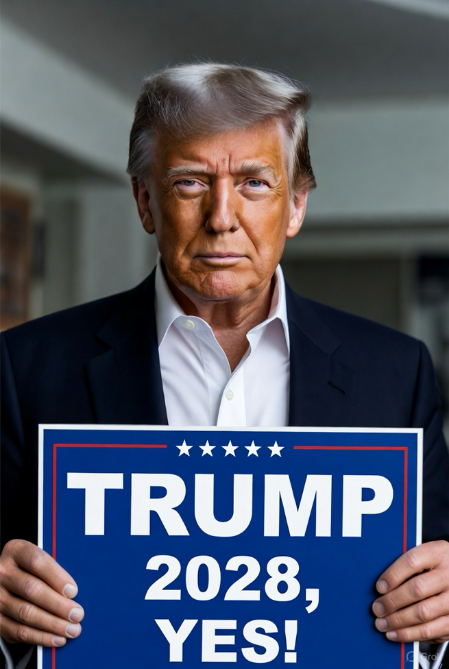 “트럼프 2028, 예스”… 3선 도전 시사
도널드 트럼프 미국 대통령이 지난달 28일 자신의 소셜미디어에 올린 합성 이미지. 3선 도전을 시사하는 “트럼프 2028, 예스!”라고 적힌 피켓을 들고 있다. 사진 출처 트루스소셜
