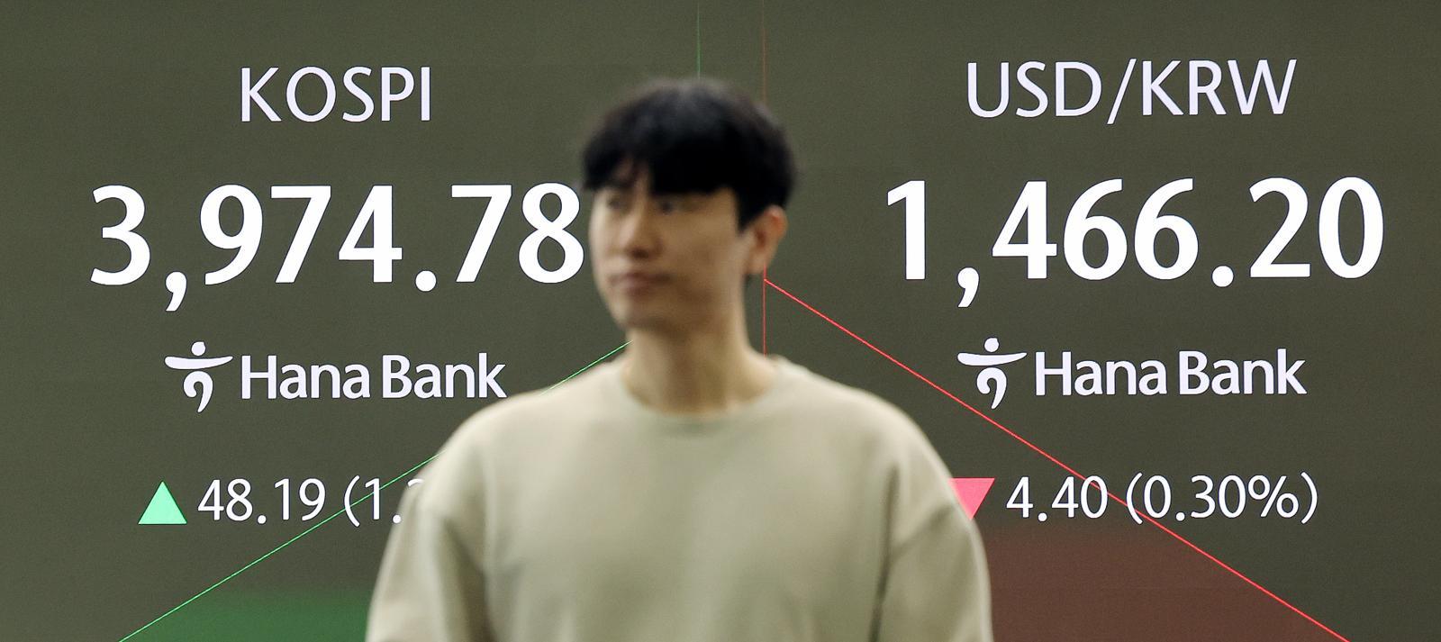 1일 서울 중구 하나은행 딜링룸 전광판에 코스피 시황이 표시되고 있다. 이날 코스피 지수는 전 거래일 대비 41.33p(1.05%) 오른 3967.92에 거래를 시작했다. 코스닥 지수는 전 거래일보다 8.02p(0.88%) 상승한 920.69로 개장했다. 2025.12.1/뉴스1